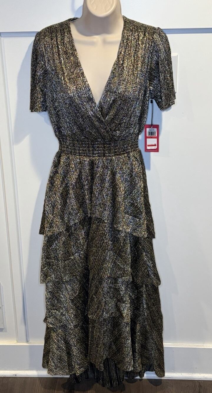 NWT Vince Camuto Black/Gold Metallic Ruffle Maxi Dress V-Neck Short Sleeve XS